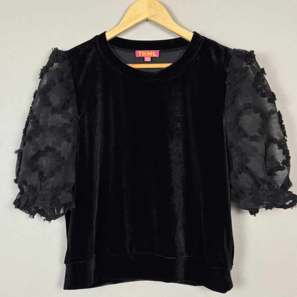 THML Black Velvet Blouse with Sheer Floral Sleeves